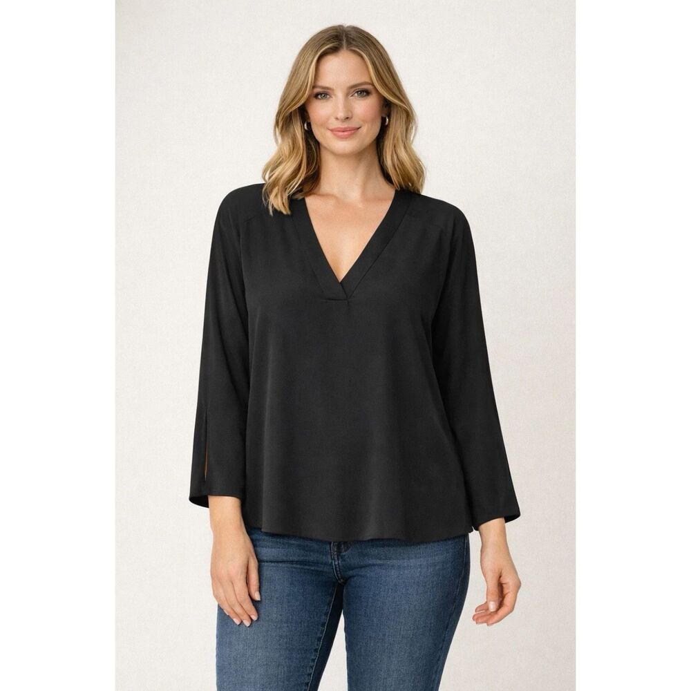 Chicos Tunic Blouse Womens Sz L Black Split Angel Sleeve Sheer V Neck Romantic